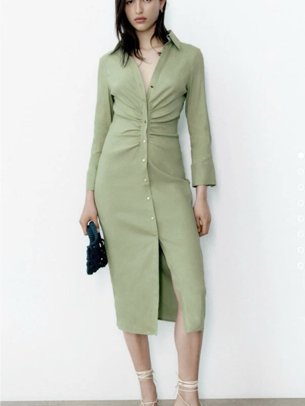 Zara Sage Green Ruched Button-Front Midi Dress b164s